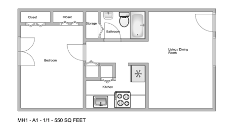 a floor plan of a studio apartment with a bedroom and a living room